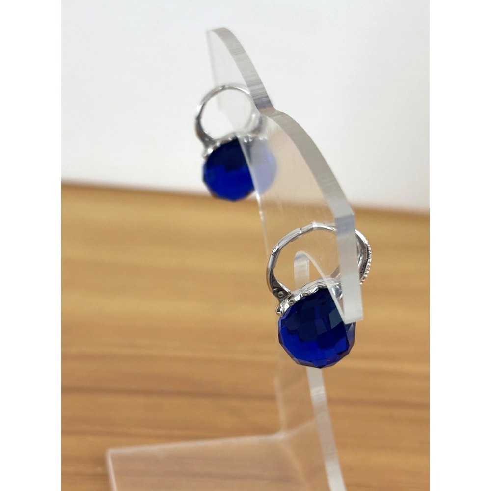 Silver Drop Earrings With Blue Faceted Crystal Stones & Rhinestone Accents OS - Picture 4 of 5